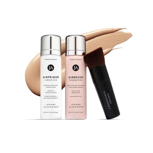 MagicMinerals AirBrush Foundation Set by Jerome Alexander – 3pc Set Includes Primer, Foundation and Kabuki Brush - Spray Makeup with Anti-aging Ingredients for Smooth Radiant Skin (Bright Medium)