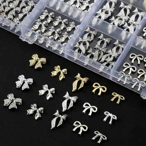 135 Pcs Bow Nail Charms 5 Styles Metal Bow Charms for Nails Gold Silver and White Gold