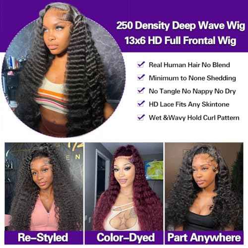 Deep Wave 13x6 Hd Lace Front Wig 250 Density Deep Wave Wig 20 Inch, Pre Plucked,Giving Realistic Look,Seamless Hairline For An Effortless Slay on Vacation