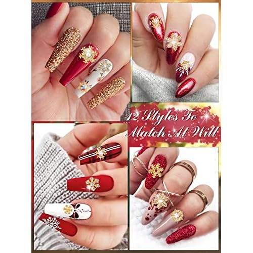72 Pcs Christmas Snowflake Nail Charms, Kalolary 3D Glitters Nail Rhinestones with Gem Crystals Jewelry for Christmas Holiday Nail Art Decoration