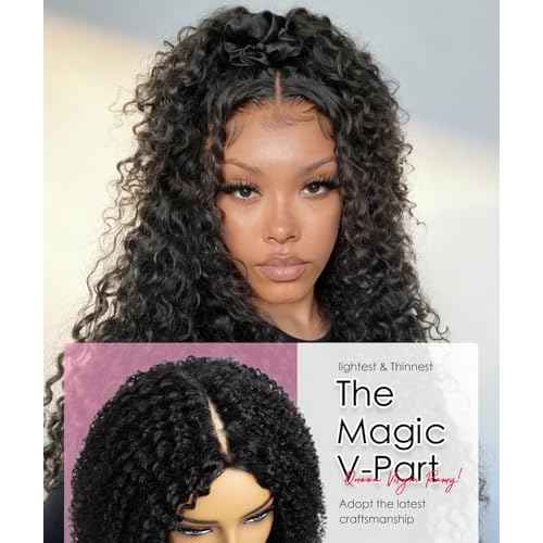 QUEEN VIRGIN REMY QVR Lace V-Part Wig Human Hair Kinky Curly No Leave Out V Shape Full Head Clip In Half Wig with Drawstring Natural Black Curly U Part Human Hair Wig for Black Women 14 Inch