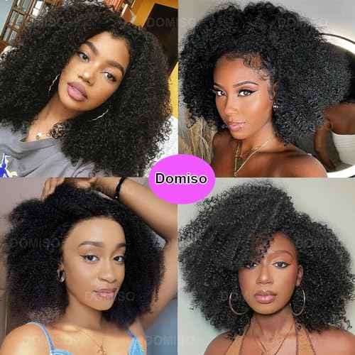 Domiso 13x6 Curly Afro Lace Front Human Hair Wigs Afro Kinky Curly Transparent Lace Front Wigs Deep Parting 200% Density Afro Wigs Knots Bleached Hairline Pre Plucked Natural Black Color 20 Inch