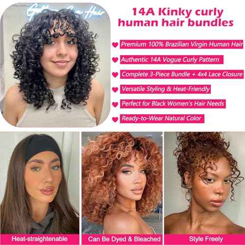 12A Real Brazilian Curly Human Hair Bundles 3 Pcs 12 Inch Bundle with 4x4 Lace Closure 100% Unprocessed Brazilian Virgin Human Hair Vogue Curly Extensions for Black Women Natural Color
