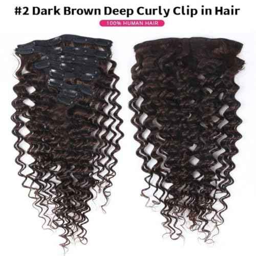 Clip in Hair Extensions Real Human Hair 18 Inch Double Weft Seamless Clip ins Brazilian Deep Wave Curly Remy Human Hair Extensions for Women 8Pcs 120g 20 Clips Dark Brown