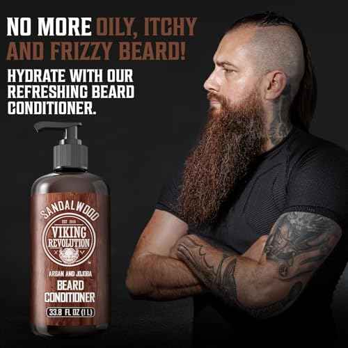 Viking Revolution Sandalwood Beard Conditioner for Men with Argan Oil and Jojoba Oil - Beard Softener and Strengthener Natural Beard Conditioner - Beard Care Moisturizer with Aloe Vera (33.8 Fl oz)