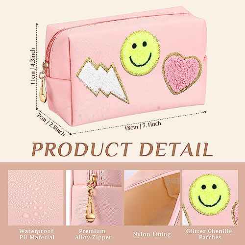 Sanwuta 20 Pcs Preppy Patch Makeup Bag Bulk PU Leather Cosmetic Bags Chenille Letters Organizer Smile Lightning Heart Toiletry Pouch Waterproof Zipper Purse End of the Year Teacher Gifts for Women