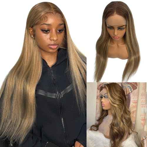 Brown Highlights 13x4 Lace Front Wig Human Hair,Brown with Blonde Highlights Mixed Colored Skily Straight Ombre Lace Front Human Hair Wigs Pre Plucked with Bleached Knots for White Women 24"(3T8P22)