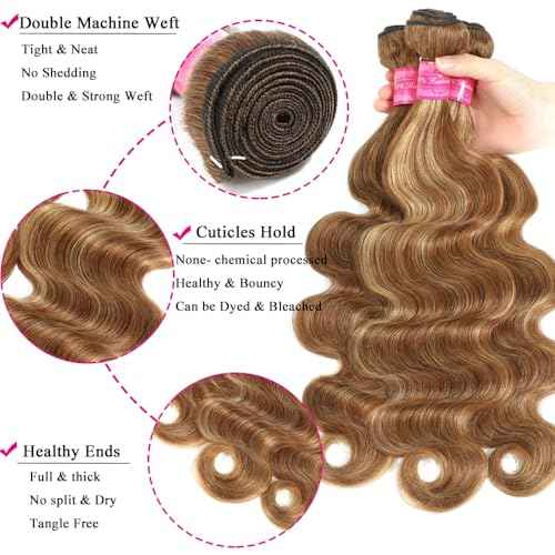 Body Wave P4/27 Human Hair Bundles Brown Highlight Body Wave 3 Bundles Brazilian Remy Hair Ombre Blonde Human Hair Wavy Piano Color