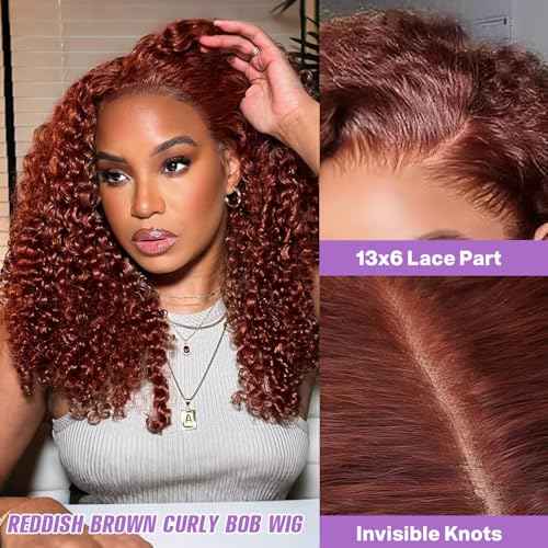 18 Inch Reddish Brown Curly Bob Wig Human Hair 13x6 Frontal Lace Wig 200% Density Lace Front Wigs Human Hair Pre Plucked Bob Wigs for Black Women 33#