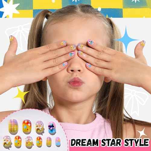 FANDAMEI Press on Nails for Girls, 6 Styles 144PCS Press on Nails for Kids, Little Girl Nails Press on Short Round with Nail Charms and Gems, Fake nails for Kids, Girls with Adhesive Tabs