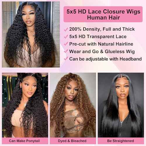 Wear and Go Glueless Wigs Human Hair Pre Cut 200% Density Water Wave 5x5 HD Lace Closure Wigs Human Hair with Baby Hair Pre Plucked Natural Hairline Wet and Wavy Wig for Women 22 Inch