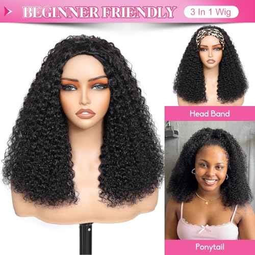 Myecool Curly Half Wig Human Hair 200 Density Glueless Wear and Go Wigs Human Hair 16 Inch 3 In 1 Half Wigs for Women Drawstring Seamless Flip Over Beginner Friendly