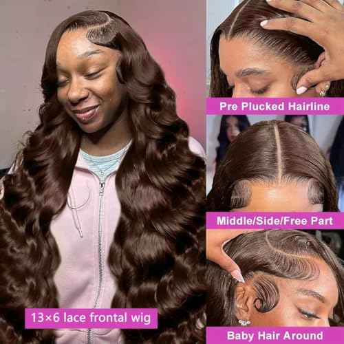 13x6 Chocolate Brown Lace Front Wig Human Hair HD Transparent Body Wave Lace Front Wigs Human Hair Pre Plucked 200% Density Glueless Frontal Brown Wig Human Hair 28 Inch