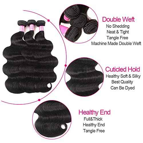 Body Wave Bundles with Closure Brazilian Human Hair 3 Bundles with Closure£¨14 16 18+12£©Body Wave 100% Unprocessed Virgin Hair Bundles with 4x4 Lace Closure Free Part Natural Black Color