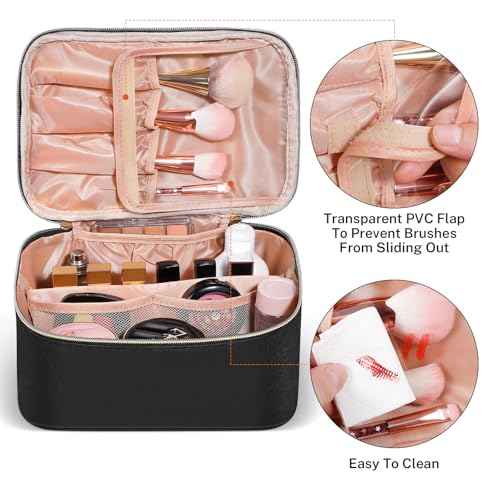 senbowe Travel Makeup Bag, Large Capacity Cosmetic Bags for Women,Portable Waterproof Leather Toiletry Bag Make Up Organizer Bag with Divider and Handle