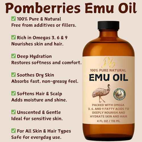 Emu Oil, 100% Pure Australian Emu Oil ? Refined & Unscented ? Natural Moisturizer for Hair, Skin, Face & Body ? Helps with Scars, Dry Skin & Massage ? 4 fl oz Glass Bottle