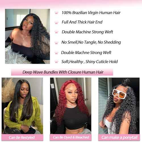 Deep Wave Human Hair Bundles with Closure 20 22 24 with 20inch Unprocessed 10A Deep Wave Bundles Human Hair with 4x4 Lace Closure Natural Color Curly Bundles Human Hair