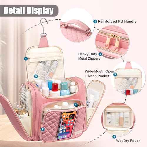Travel Toiletry Bag for Women, Hanging Toiletry Bag, Bathroom Bag Portable Shower Caddy for College Dorm Travel Shower Bag for Women Water-Resistant Cosmetic Makeup Bag (Pink)