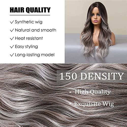 Haoland 26 Inch Long Gray Wig For Women Ombre Gray With Dark Roots Wavy Wig Middle Part Synthetic Wig For Cosplay Daily Party Use