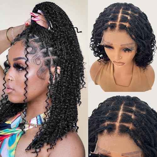 Munx Knotless Braided Wigs Human Hair 5x5 Closure Lace with Braided Bob Curly Deep Wave Square Parted Knotless Preplucked Boho Braided Lace Front Bob Wigs for African American 100% Human Hair 10in