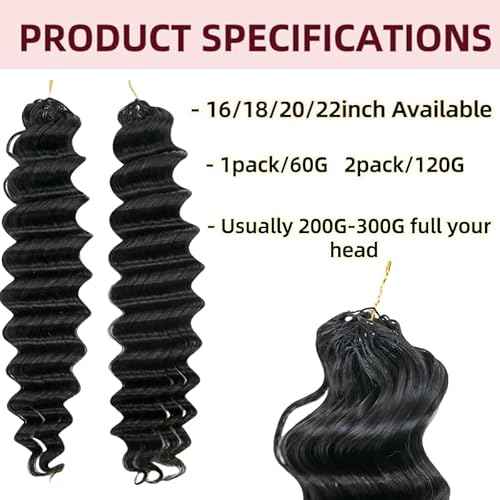 Deep Wave Knotless Pre-Separated Crochet Hair Extensions Human Hair Loose Wave Crochet Hair Natural Black Machine Made Feather Human Hair Extension 16inch 120g