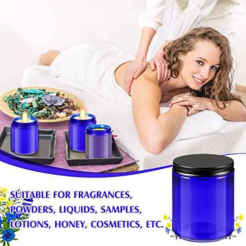 Lallisa 32 Pcs 8 oz Cobalt Blue Glass Jars with Black Metal Lids Round Small Cosmetic Jars Round Glass Containers for Apothecary Body Butter Herbs Spice and Food Storage