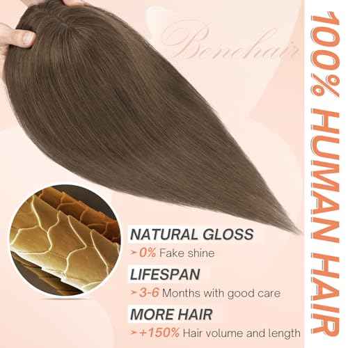 Benehair Hair Toppers for Women Real Human Hair 360¡Æ3D Clip in Bangs Toppers with Bang for Thinning 150% Density Hairpieces Lace Base Long Coverage Wiglet for Daily Use #02 Dark Brown 12Inch