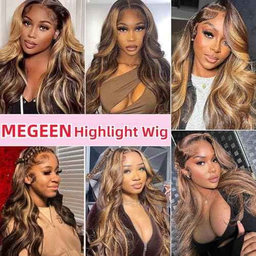 Body Wave Honey Blonde Lace Front Wig Human Hair Pre Plucked Highlight Ombre P4/27 Colored 210% Density 13x4 HD Lace Frontal Wigs Human Hair for Women 22Inch
