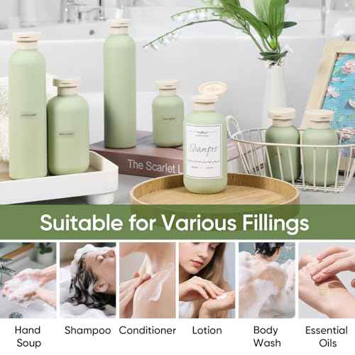 DEMORA 8.8oz Large Travel Bottles for Toiletries, Leak Proof Plastic Travel Squeeze Bottles Refillable Toiletry Containers with Flip Caps and Labels for Shampoo Conditioner Body Wash (Green, 4 Pcs)