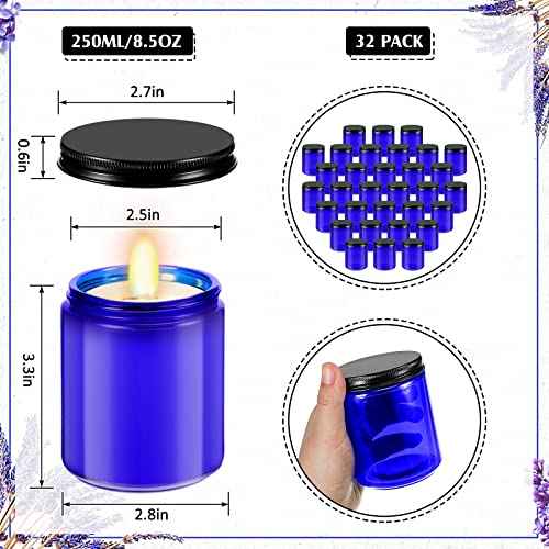 Lallisa 32 Pcs 8 oz Cobalt Blue Glass Jars with Black Metal Lids Round Small Cosmetic Jars Round Glass Containers for Apothecary Body Butter Herbs Spice and Food Storage