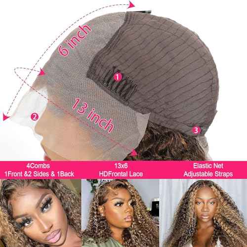Juvid Highlight Ombre 13x6 Lace Front Wigs Human Hair 4/27 Honey Blonde Deep Wave Curly Human Hair Wig HD Transparent Frontal 180% Density Glueless Wig 20inch for Black Women Pre Plucked Hairline