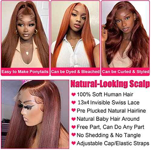 28 Inch Reddish Brown Straight Lace Front Wig, 13x4 HD Lace Front Wigs Human Hair Pre Plucked With Baby Hair HD Lace Frontal Wigs for Black Women 180% Density
