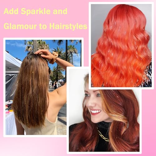 NIACONN Glitter Hair Tinsel Extensions Kit Gold with Tools and Beads, 48 Inch Sparkly Fairy Colorful Tensile Strands Shiny Hair Accessories for Women Girls Kids