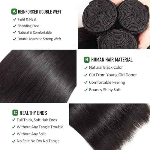 Human Hair Bundles Straight Hair 20 22 24 Inch 3 Bundles Human Hair 100% Unprocessed Brazilian Remy Virgin Hair Extensions Sew In Hair Bundles Natural Black