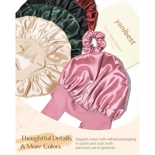 YANIBEST Silk Hair Bonnet for Sleeping, Double Layer Hair Bonnet with Elastic Tie Band for Curly Natural Hair Reduce frizz
