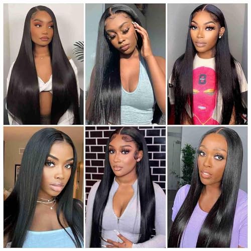 JulyQueen Straight Lace Front Wigs Black Color Long Straight Hair Synthetic Lace Front Wigs for Women 4x3.5 inch Lace Closure Wig Natural Hairline Heat Resistant Fiber Glueless Lace Wigs 24 inch