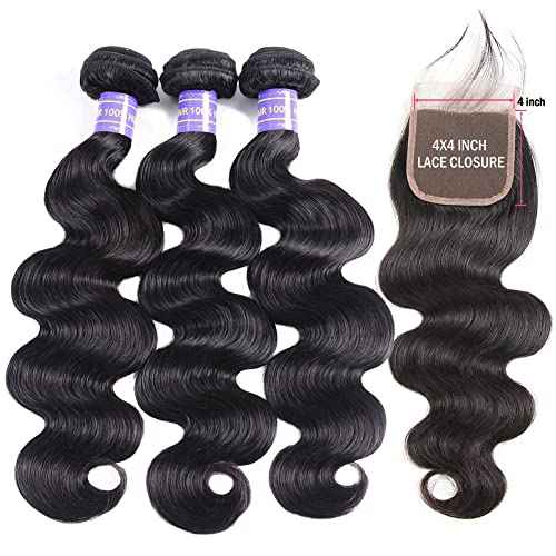 Aopusi Body Wave Bundles with Closure (18 20 22+16 Inch,Free Part) Brazilian Virgin Hair Bundles with Lace Closure Body Wave Human Hair Bundles with Closure Hair Weft for Black Women