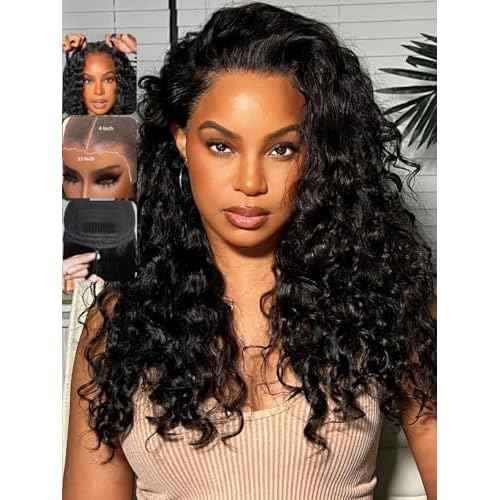 KLAIYI Water Wave Pre Everything Glueless 13x4 Lace Front Wigs Human Hair Precut Lace Pre Plucked Pre Bleached Bye Bye Knots Curly Wear and Go Beginners Wig with Drawstring 30S Ready to Wear 16Inch
