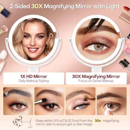 B Beauty Planet Makeup Mirror with Lights, Lighted Magnifying Mirror 30X with 3 Lighting and Adjustable Brightness, 2-Sided Height Adjustable Vanity Mirror for Bathroom, Gifts for Women White