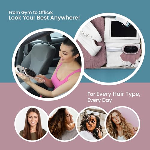 PAK Travel Hair Brush with 30 Hair Accessories for Girls Included - Built in Strorage - Boar And Nylon Bristle - Anti-Static Paddle Travel Brush by BeautyHak