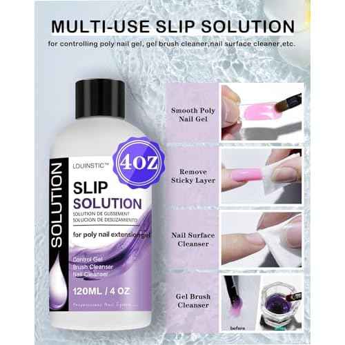 LOUINSTIC Poly Nail Gel Slip Solution - 120ml, 3 in 1 Nail Extension Anti-Stick Liquid, Art Brush Cleanser, for Poly Extension Gel Kit, with Dual-Ended Art Brush