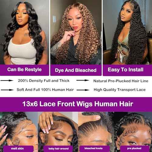 Deep Wave Lace Front Wigs Human Hair Pre Plucked 13x6 Curly Human Hair Wig 200% Density Wet and Wavy Glueless Wigs Human Hair Brazilian Deep Wave Wigs