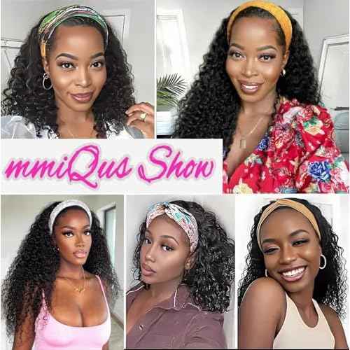 Long Headband Wig Human Hair Water Wave Headband Wigs for Women Curly Wigs Glueless No Lace Front Wig Brazilian Virgin Human Hair 180% Density Natural Black Color 30Inch