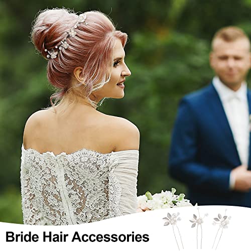 ANCIRS 6 Pack Pearl Bridal Wedding Hair Styling Pins, Vintage Leaves Style Bride Head Piece, U Shape Rhinestone Flower Classic Hair Accessories for Women & Girls Wedding Bridesmaids Hairstyles- Silver