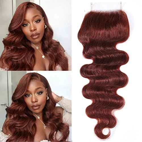 UNICE Reddish Brown Body Wave Human Hair 4x4 Lace Closure Free Part, Brazilian Human Remy Hair Auburn Brown Body Wave Human Hair Closure 33B Color 18 inch