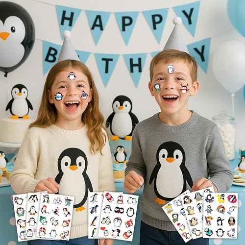 96 PCS Funny Summer Penguin Pre-cut Temporary Tattoos Sticker Animal Polar Birthday Party Decorations Supplies Favors Gifts Girls Boys Prizes Cute Tattoo School Reward Themed Christmas Winter