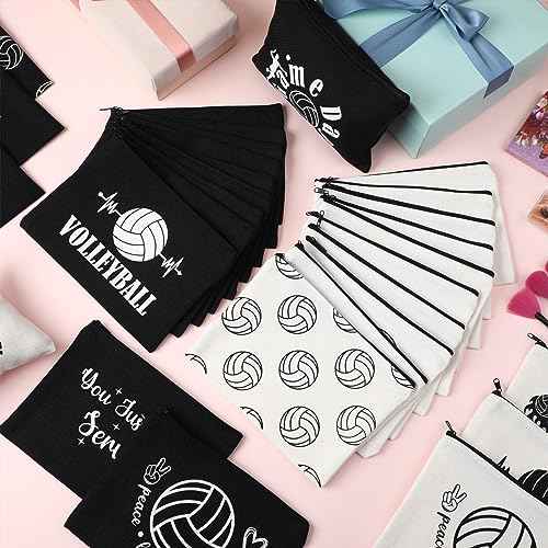 Irenare 30 Pcs Volleyball Cosmetic Bag Gifts for Women Stuff Volleyball Players Teams Travel Pouch Canvas Makeup Bags for Team Gifts(Black, White,Volleyball)