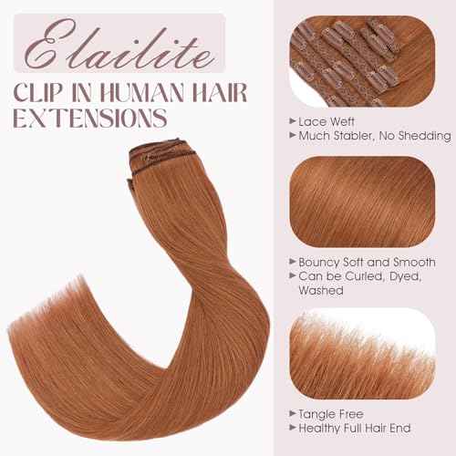 Elailite Clip in Hair Extensions Real Human Hair, Remy Hairpieces for Women, 7PCS Lace Weft Full Head, 20 Inch 120g Dark Auburn Copper Red