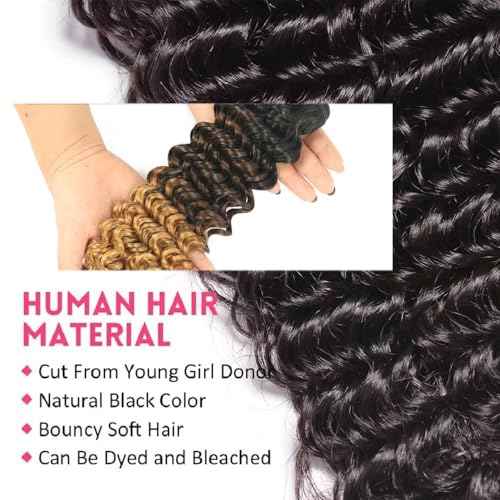 Deep Wave Bundles with Closure Human Hair 20 22 24 inch Wavy Curly Hair Extensions 5x5 HD Lace Closure Free Part 100% Unprocessed Virgin Hair with Closure