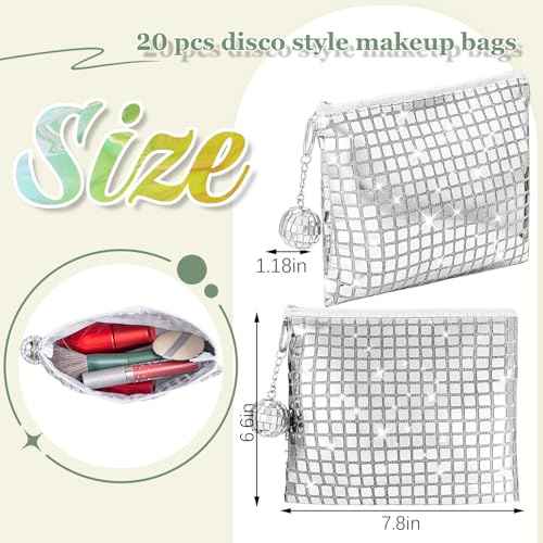 20 Pack Disco Cosmetic Bags Portable Glitter Sequin Mirror Makeup Organizer with Zipper, Suit for Bachelorette, New Years Eve, 70s, 80s, 90s Disco Party Favors (Silver)